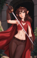 1girl artist_name body_freckles borrowed_character breasts brooch brown_gloves brown_hair brown_pants cape chest_freckles commentary crop_top day freckles gloves green_eyes gwenyvere_(malberrybush) hand_up highres holding holding_sword holding_weapon jewelry long_hair looking_at_viewer navel original outdoors pants parted_lips personal_ami petite pointy_ears rapier red_cape small_breasts smile solo stomach sword tiara uneven_eyes weapon