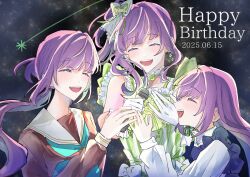 3girls :d ^_^ aqua_neckerchief be_proud_(love_live!) black_dress bow brown_dress closed_eyes collared_shirt commentary_request dated dress frilled_dress frilled_gloves frills gloves green_bow green_dress green_ribbon hair_bow hair_intakes happy_birthday hasu_no_sora_school_uniform highres holding holding_microphone link!_like!_love_live! long_hair long_sleeves love_live! low_ponytail microphone multiple_girls neckerchief official_alternate_costume open_mouth otomune_kozue otomune_kozue_(young) pinafore_dress ponytail ribbon sailor_collar sailor_dress school_uniform shirt shooting_star side_ponytail sidelocks sleeveless sleeveless_dress smile star_(sky) starry_sky_background striped_clothes striped_dress teeth time_paradox upper_teeth_only virtual_youtuber white_gloves white_sailor_collar white_shirt winter_uniform zuisetsu