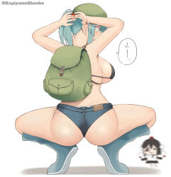 Rule 34 | 2girls, alternate costume, alternate hairstyle, ass, backpack, bag, bikini, bikini top only, black bikini, blue eyes, blue footwear, blue hair, blue shorts, blush, boots, breasts, commentary request, full body, green background, green hat, hair bobbles, hair ornament, hat, highres, kagiyama shachou, kawashiro nitori, large breasts, looking at another, motion blur, multiple girls, ponytail, rubber boots, shameimaru aya, short hair, short ponytail, short shorts, shorts, simple background, squatting, swimsuit, taking picture, touhou, tying hair, white background