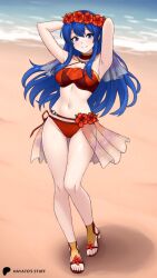 Rule 34 | 1girl, armpits, arms behind head, beach, bikini, blue eyes, blue hair, breasts, cleavage, closed mouth, commentary, english commentary, fire emblem, fire emblem: the binding blade, fire emblem heroes, flower, full body, gluteal fold, hair flower, hair ornament, hayato stuff, high heel sandals, highres, lilina (fire emblem), lilina (summer) (fire emblem), long hair, looking at viewer, medium breasts, navel, nintendo, official alternate costume, red bikini, sandals, sidelocks, smile, solo, swimsuit