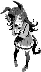 Rule 34 | 1girl, akagi koku, animal ears, blush, bow, bowtie, closed mouth, commentary, fascinator, flipped hair, flower, full body, greyscale, hair over one eye, hat, hat flower, highres, horse ears, horse girl, horse tail, long sleeves, looking at viewer, mary janes, monochrome, own hands together, pleated skirt, rice shower (umamusume), rose, school uniform, shirt, shoes, simple background, skirt, solo, standing, tail, tail bow, tail ornament, thighhighs, tilted headwear, tracen school uniform, umamusume, white background