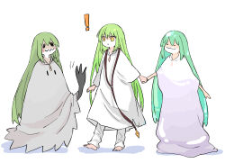 ! ._. 3others androgynous barefoot commentary_request crossover ditto enkidu_(fate) fate/strange_fake fate_(series) gen_1_pokemon gen_7_pokemon green_hair himeko_(nico6v6pachi) holding_hands long_hair mimikyu multiple_others nintendo other_focus pants pokemon pokemon_(creature) robe very_long_hair white_pants white_robe yellow_eyes