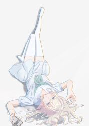 1girl alternate_legwear aqua_neckerchief blue_dress blue_eyes breasts caricariume cellphone ceras_yanagida_lilienfeld chromatic_aberration closed_mouth commentary_request dress earphones expressionless full_body grey_background grey_hair hair_spread_out hasu_no_sora_school_uniform highres holding holding_phone knees_up large_breasts leg_up link!_like!_love_live! long_hair looking_at_viewer love_live! lying neckerchief no_shoes on_back phone puffy_short_sleeves puffy_sleeves sailor_collar sailor_dress school_uniform shadow short_sleeves simple_background single_earphone_removed smartphone solo summer_uniform thighhighs upside-down virtual_youtuber white_sailor_collar white_thighhighs zettai_ryouiki