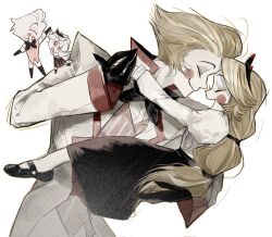 Rule 34 | 1boy, 1girl, blonde hair, blush stickers, charlie morningstar, demon boy, demon girl, father and daughter, formal clothes, hair slicked back, hat, hazbin hotel, highres, long hair, lucifer morningstar (hazbin hotel), pale skin, red eyes, suit, tppiiiiqqt