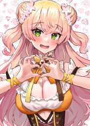 Rule 34 | 1girl, absurdres, blonde hair, blush, breasts, cleavage, cleavage cutout, clothing cutout, double bun, dress, fang, flower, four-finger heart hands, green eyes, hair bun, hair flower, hair ornament, heart, heart hands, highres, hololive, large breasts, long hair, looking at viewer, momosuzu nene, momosuzu nene (1st costume), open mouth, orange dress, pink hair, rum raisin (chihiromakita19), smile, solo, two side up, virtual youtuber