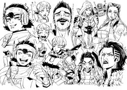 2boys 6+girls ^_^ animal animal_on_shoulder animification annoyed apex_legends ash&#039;s_rat_(apex_legends) ash_(titanfall_2) bat_(animal) bodysuit breasts choker cleavage clenched_teeth closed_eyes collarbone earrings echo_(apex_legends) eyepatch facial_hair fingerless_gloves frown gloves greyscale hand_on_own_cheek hand_on_own_face heart hooded_leotard humanoid_robot itsuko_(2jdayo) jacket jetpack jewelry loba_(apex_legends) long_hair mad_maggie_(apex_legends) medium_breasts mole mole_above_mouth monochrome mouse_(animal) multiple_boys multiple_girls mustache one_eye_covered open_mouth pathfinder_(apex_legends) rampart_(apex_legends) robot side_ponytail simulacrum_(titanfall) smile soul_patch teeth translation_request v-shaped_eyebrows valkyrie_(apex_legends) vantage_(apex_legends) white_background
