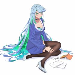 1girl absurdres black_thighhighs blue_hair blue_shirt blue_shorts book bra breasts cleavage fate/grand_order fate_(series) glasses green_eyes green_hair high_heels highres kaworu13 kukulkan_(fate) large_breasts looking_at_viewer shirt shorts solo thighhighs underwear