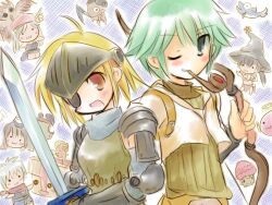 2000s_(style) 2boys 4girls :3 acolyte_(ragnarok_online) ahoge alchemist_(ragnarok_online) angeling armor armored_dress baphomet_jr blonde_hair bow_(weapon) brown_shirt chainmail chibi commentary_request cropped_jacket dress exp_mochi eyepatch fish green_eyes green_hair grin hat holding holding_bow_(weapon) holding_weapon hunter_(ragnarok_online) jacket knight_(ragnarok_online) looking_at_viewer mage_(ragnarok_online) multiple_boys multiple_girls myst_case ninja_(ragnarok_online) one_eye_closed open_mouth orange_eyes pauldrons picky_(ragnarok_online) ragnarok_online shirt short_hair short_sleeves shoulder_armor smile smoking_pipe spore_(ragnarok_online) upper_body weapon white_jacket witch_hat