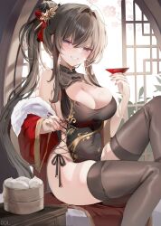 Rule 34 | 1girl, bamboo steamer, bare shoulders, black dress, black hair, blue eyes, breasts, brown thighhighs, china dress, chinese clothes, cleavage, cleavage cutout, clothing cutout, commission, cup, dolechan, dress, fur trim, grin, hair ornament, hairpin, highres, holding, jacket, knee up, large breasts, long hair, looking at viewer, off shoulder, original, pelvic curtain, ponytail, red jacket, sakazuki, sideless dress, sitting, sleeveless, sleeveless dress, smile, solo, thighhighs, thighs, very long hair