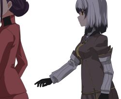 2girls absurdres black_gloves black_hair blunt_bangs breasts brown_eyes brown_jacket brown_skirt collared_shirt commentary_request from_side gloves grey_hair hair_bun highres jacket long_sleeves looking_at_another mashitono_desu medium_breasts medium_hair multiple_girls origami_family's_elite_guard_uniform red_jacket satsuki_yomi shirt sidelocks simple_background single_hair_bun skirt solo_focus standing striped_clothes striped_shirt takatsu_yukina toji_no_miko white_background white_shirt score:2 rating:general Rule 34 | 2girls, absurdres, black gloves, black hair, blunt bangs, breasts, brown eyes, brown jacket, brown skirt, collared shirt, commentary request, from side, gloves, grey hair, hair bun, highres, jacket, long sleeves, looking at another, mashitono desu, medium breasts, medium hair, multiple girls, origami family's elite guard uniform, red jacket, satsuki yomi, shirt, sidelocks, simple background, single hair bun, skirt, solo focus, standing, striped clothes, striped shirt, takatsu yukina, toji no miko, white background, white shirt