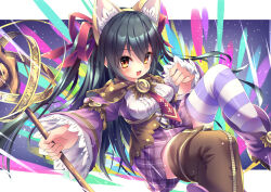1girl animal_ear_hairband animal_ears black_hair boots breasts emil_chronicle_online fake_animal_ears frilled_sleeves frills hair_ribbon hairband highres large_breasts long_hair open_mouth purple_boots ribbon staff striped_clothes striped_thighhighs syugoma_kanade thighhighs thighs yellow_eyes yupi828