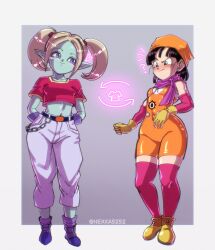 Rule 34 | 2girls, belt, black eyes, black hair, blue eyes, blush, bodysuit, breasts, chain, cosplay, costume switch, cropped shirt, dragon ball, dragon ball daima, dragon ball gt, full body, highres, multiple girls, nexx art, nexxa, pan (dragon ball), pan (dragon ball) (cosplay), pansy (dragon ball daima), pansy (dragon ball daima) (cosplay), pants, pointy ears, red shirt, shirt, small breasts, smile, standing, thighhighs, twintails