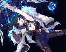 1girl absurdres armpits arms_up asymmetrical_gloves bare_shoulders black_background black_gloves black_pants blue_hair breasts cleavage commentary dice fur-trimmed_jacket fur_trim genshin_impact gloves green_eyes highres jacket large_breasts leggings mismatched_gloves nui_gurumi pants short_hair simple_background sleeveless solo standing vision_(genshin_impact) white_gloves white_jacket yelan_(genshin_impact)