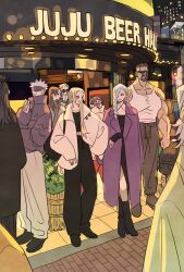 Rule 34 | 4boys, 4girls, beard, black hair, blindfold, blonde hair, blush, bob cut, boots, braid, coat, coat on shoulders, commentary, facial hair, full body, getou suguru, gojou satoru, hair bun, highres, ieiri shoko, iori utahime, jujutsu kaisen, long hair, mei mei (jujutsu kaisen), mole, multiple boys, multiple girls, nanami kento, purple coat, short hair, sidelocks, squatting, sunglasses, takeuchi ryousuke, tank top, tsukumo yuki (jujutsu kaisen), white tank top, yaga masamichi
