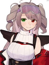 1girl :3 absurdres breasts facing_viewer gamryous girls&#039;_frontline goggles green_eyes hair_bobbles hair_ornament heterochromia highres large_breasts looking_at_viewer red_eyes ssg3000_(girls&#039;_frontline) sweater turtleneck turtleneck_sweater two_side_up