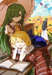 4girls alice_margatroid alice_margatroid_(pc-98) ascot black_shoes blonde_hair book closed_eyes field flower flower_field hair_over_one_eye hakurei_reimu hakurei_reimu_(pc-98) highres kazami_yuuka kazami_yuuka_(pc-98) kirisame_marisa kirisame_marisa_(pc-98) multiple_girls outdoors plaid_clothes plaid_skirt red_skirt shoes short_hair sitting skirt socks touhou touhou_(pc-98) umbrella white_socks white_umbrella wusem0108 yellow_ascot