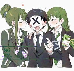 3boys anger_vein armband ascot black_ascot black_hair black_jacket black_necktie blush brown_eyes can collared_shirt green_armband green_hair green_necktie grey_armband holding holding_can imminent_kiss jacket library_of_ruina lobotomy_corporation long_hair long_sleeves looking_at_another looking_at_viewer male_focus medu_(rubish) multiple_boys necktie netzach_(project_moon) open_mouth ponytail project_moon shirt short_hair short_ponytail simple_background surprised undone_ascot upper_body white_background white_shirt x_(project_moon) yaoi