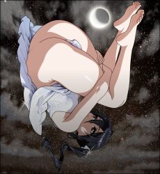 1girl ass black_hair breasts brown_eyes cloud cloudy_sky devil_jone_qrit dress k-on! long_hair moon nakano_azusa no_panties sky small_breasts solo star_(sky) starry_sky_background sundress twintails upside-down white_dress