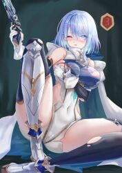 1girl absurdres armored_shoes bare_shoulders black_sleeves black_thighhighs blue_eyes blue_hair bodysuit breasts covered_navel covering_breasts covering_privates craig_(2980ct) detached_sleeves dreizehn_(shadowverse) gloves gun highres holding holding_gun holding_weapon large_breasts leg_armor medium_hair one_eye_closed shadowverse solo thighhighs thighs torn_clothes torn_thighhighs weapon white_bodysuit white_gloves