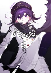 Rule 34 | 1boy, arm belt, black cape, black hat, blush, buttons, cape, checkered clothes, checkered scarf, closed mouth, commentary request, danganronpa (series), danganronpa v3: killing harmony, flipped hair, from below, hair between eyes, hat, highres, igal igaru, korean commentary, leg up, long sleeves, looking at viewer, male focus, medium hair, multicolored buttons, oma kokichi, pants, peaked cap, purple eyes, purple hair, scarf, simple background, smile, solo, thigh strap, twitter username, two-tone scarf, white background
