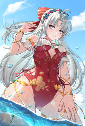 Rule 34 | 1girl, ahoge, aqua eyes, bare shoulders, blue sky, breasts, carlotta (splashing summer) (wuthering waves), carlotta (wuthering waves), casual one-piece swimsuit, closed mouth, commentary request, covered navel, cutout above navel, day, fingernails, frilled one-piece swimsuit, frills, grey hair, hairband, hand on own thigh, hand up, highleg, highleg one-piece swimsuit, highres, long hair, looking at viewer, mdzzrbq233, medium breasts, official alternate costume, one-piece swimsuit, outdoors, parted bangs, pink hairband, pink one-piece swimsuit, sidelocks, sky, smile, solo, swimsuit, thighs, very long hair, wading, wet, wuthering waves