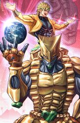 Rule 34 | 1boy, 1other, abs, black shirt, blonde hair, colored skin, commentary, dio brando, earrings, earth (planet), english commentary, evil smile, fingerless gloves, gloves, green headband, grey skin, hand on own hip, headband, heart ornament, helmet, highres, jacket, jewelry, jojo no kimyou na bouken, muscular, muscular male, noriakis art, open mouth, other focus, outstretched arms, palm tree, planet, projected inset, red eyes, shirt, smile, sparkle, spread arms, stand (jojo), stardust crusaders, stone mask (jojo), teeth, the world, tree, turtleneck, turtleneck shirt, yellow gloves, yellow helmet, yellow jacket