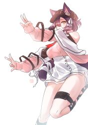 1girl absurdres animal_ears arknights bare_shoulders black_hat breasts cat_ears cat_girl cat_tail commentary_request double_w ears_through_headwear hat highres long_sleeves looking_at_viewer medium_breasts official_alternate_costume pink_shirt purple_hair ribbon rockrock_(arknights) rockrock_(before_singing)_(arknights) shima_(wideshi_ma) shirt short_hair simple_background skirt solo tail tail_ornament tail_ribbon w white_background white_skirt yellow_eyes