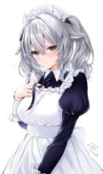 1girl absurdres alternate_costume animal_ears apron blush breasts brown_eyes closed_mouth contrast_collar cow_ears cow_girl cow_horns dress flying_sweatdrops grey_hair hair_between_eyes hat highres horns juliet_sleeves large_breasts long_hair long_sleeves looking_at_viewer maid maid_apron maid_headdress milltina_(vrchat) puffy_sleeves ribbon signature simple_background solo tanu_chi_i twintails vrchat white_apron white_background