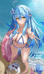 1girl absurdres ahoge barefoot beach bikini blue_hair breasts elf full_body gyaru_v heart heart_ahoge highres holding holding_swim_ring hololive innertube large_breasts monochrome ocean pointy_ears raised_eyebrows side-tie_bikini_bottom solo_focus standing sun_glare swim_ring swimsuit v virtual_youtuber wet white_bikini winvita yellow_eyes yukihana_lamy yukimin_(yukihana_lamy)