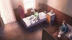 10s 1girl 2boys animated animated_gif anime_screenshot bed brown_hair faceplant hairband headbutt hospital_bed hospital_room koizumi_itsuki kyon multiple_boys sleeping_bag spoilers suzumiya_haruhi suzumiya_haruhi_no_shoushitsu suzumiya_haruhi_no_yuuutsu