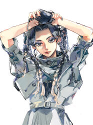 Rule 34 | 1girl, 3shimap, amatsumi itsuka, arm belt, arms up, belt, black gloves, black hair, black nails, braid, chain, chain bracelet, costume request, curtained hair, earrings, expressionless, eyelashes, eyeshadow, gloves, head tilt, high-waist pants, high collar, highres, holding own wrist, hoop earrings, hypnosis mic, hypnosis mic: rule the stage, jacket, jewelry, lipstick, long hair, looking at viewer, makeup, multicolored eyes, multiple braids, pants, parted bangs, purple eyeshadow, red lips, shirt tucked in, short sleeves, simple background, solo, straight-on, twintails, upper body, white background, white belt, white jacket, white pants