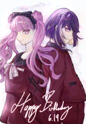 Rule 34 | 1boy, 1girl, back-to-back, black bow, black hairband, black headband, blush, bow, brother and sister, closed mouth, ear piercing, earrings, english text, hair bow, hairband, happy birthday, headband, highres, jewelry, long hair, looking at viewer, matching hair/eyes, pants, piercing, pink eyes, pink hair, pleated skirt, purple hair, red pants, red shirt, red skirt, shirt, siblings, simple background, skirt, smile, standing, the hundred line -last defense academy-, tsukumo ima, tsukumo kako, twins, twintails, white background