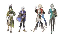 4boys ahoge alhaitham_(genshin_impact) animal_ear_fluff animal_ears arabian_clothes blonde_hair blue_shawl book closed_mouth colored_inner_hair cyno_(genshin_impact) dark-skinned_male dark_skin earrings feather_hair_ornament feathers fox_boy fox_ears fox_tail genshin_impact green_eyes grey_hair hair_between_eyes hair_ornament hair_over_one_eye highres jewelry kaveh_(genshin_impact) long_sleeves multicolored_hair multiple_boys pants red_eyes see-through_clothes see-through_pants shawl shirt shoes short_hair simple_background smile streaked_hair tail tanemaki_monaka tighnari_(genshin_impact) white_hair