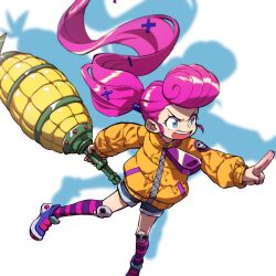 1girl absurdly_long_hair aqua_eyes berecca blue_shoes blue_shorts broken_heart child commentary_request corn_bat_(ninjala) denim denim_shorts drop_shadow fingernails good_kneehighs_day gungho hair_ornament hairclip heart highres holding holding_weapon hood hood_down hooded_jacket horizontal-striped_socks jacket kneehighs kuji-in legs_apart long_hair long_sleeves looking_to_the_side motoyui multicolored_shoes ninjala official_art open_mouth padded_jacket padded_sleeves pink_hair pink_socks pompadour ponytail print_sleeves puffy_long_sleeves puffy_sleeves purple_socks shoes shorts sidelocks simple_background skull_ornament skull_print smile socks solo teeth upper_teeth_only v-shaped_eyebrows very_long_hair weapon white_background x_hair_ornament yellow_hood yellow_jacket yellow_sleeve_cuffs zipper_pull_tab