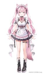 1girl animal_ears ankleband antenna_hair belt black_ankleband black_belt black_ribbon black_shoes blush bow bowtie breasts cleavage dress fingernails hair_ribbon hakui_koyori hakui_koyori_(5th_costume) heart heart_o-ring highres hololive large_breasts long_hair looking_at_viewer maid_headdress momoko_(momopoco) nail_polish o-ring o-ring_thigh_strap official_art open_mouth pink_bow pink_bowtie pink_dress pink_eyes pink_hair pink_nails ribbon shoes simple_background smile solo tail thigh_strap thighs twintails virtual_youtuber white_background wolf_ears wolf_girl wolf_tail