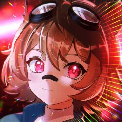1girl animal_ears bandaid bandaid_on_face bandaid_on_nose black_bandaid blue_jacket blumer brown_hair chromatic_aberration closed_mouth commentary commission emphasis_lines goggles goggles_on_head indie_virtual_youtuber jacket light_blush looking_at_viewer portrait raccoon_ears raccoon_girl rakkun_sutaru rakkun_sutaru_(4th_costume) red_eyes shirt short_hair smile spanish_commentary virtual_youtuber white_shirt