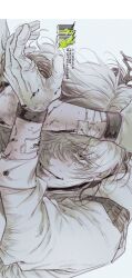 1other arms_up coat crazy_smile drooling gauze_on_arm gloves grin gyujik_qzc hair_over_one_eye hands_up highres looking_at_viewer medicine_pocket one_eye_covered reverse:1999 saliva smile solo tears upper_body white_background white_coat white_gloves white_hair