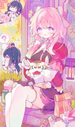 Rule 34 | 1other, 2girls, ?, bell, black dress, black gloves, blush, chinese clothes, chinese commentary, commentary request, cowboy shot, cup, diting (honkai: star rail), dress, drink, drinking straw, fingerless gloves, gloves, green eyes, highres, holding, holding cup, holding drink, honkai: star rail, honkai (series), jacket, jingle bell, long sleeves, looking at viewer, march 7th (honkai: star rail), march 7th (hunt) (honkai: star rail), medium hair, multicolored eyes, multiple girls, notice lines, official alternate costume, official alternate hairstyle, open clothes, open jacket, pink eyes, pink hair, puffy sleeves, red jacket, short dress, shuangyaji, sitting, thighhighs, white sleeves, white thighhighs, xianyuzi, yunli (honkai: star rail)
