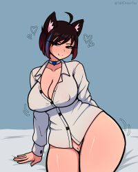 Rule 34 | 1girl, absurdres, ahoge, animal ear fluff, animal ears, arm support, arms behind back, artist name, blue background, blue streaks, bottomless, breasts, brown eyes, brown hair, buttons, cat ears, cat girl, choker, cleavage, cleft of venus, closed mouth, collarbone, commentary, commission, covered erect nipples, english commentary, fang, fang out, freckles, gradient hair, heart, heart choker, highres, large breasts, light blush, long eyelashes, long sleeves, looking at viewer, multicolored hair, naked shirt, original, partially unbuttoned, pussy, red hair, saltdrawyou, shirt, short hair, simple background, single hair streak, sitting, smile, solo, swept bangs, thighs, twitter username, white choker, white shirt