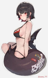 1girl alternate_costume bikini black_bikini black_hair blush breasts colored_inner_hair ellen_joe fins fish_tail from_side hair_ornament hairclip highres large_breasts looking_at_viewer looking_to_the_side mole mole_on_arm multicolored_hair parted_lips red_eyes red_hair shark_tail short_hair sitting solo sooon swimsuit tail two-tone_hair white_background zenless_zone_zero