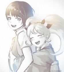 2girls :d blush bow closed_eyes collared_shirt danganronpa_2:_goodbye_despair dress freckles from_side hair_bow hair_ornament hajime_(gitoriokawaii) happy hug hug_from_behind japanese_clothes kimono koizumi_mahiru long_hair monochrome multiple_girls open_mouth saionji_hiyoko school_uniform shirt short_hair short_sleeves simple_background smile twintails upper_body