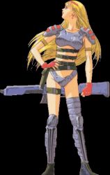1990s_(style) 1girl blonde_hair contra contra_hard_corps earrings female_focus gun jewelry konami long_hair lowres official_art retro_artstyle sheena_etranzi solo transparent_background umetsu_yasuomi weapon