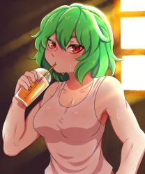 1girl blouse blush breasts cleavage cup drink drinking female_focus green_hair hanaarts highres kazami_yuuka looking_at_viewer medium_breasts red_eyes shirt short_hair sleeveless sleeveless_shirt solo sweat touhou vest wavy_hair white_shirt