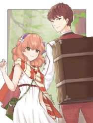 1boy 1girl backpack bag border brown_bag brown_eyes closed_mouth curly_hair dress fire_emblem fire_emblem_echoes:_shadows_of_valentia forest gem genny_(fire_emblem) green_bag hairband highres jewelry looking_at_viewer lukas_(fire_emblem) medium_hair nature necklace nintendo outside_border pants pink_hair purple_hairband red_eyes red_gemstone red_hair red_pants scarf short_hair shoulder_bag smile tea6043 white_border white_dress