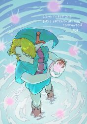 Rule 34 | 1boy, 2023, absurdres, belt, blonde hair, boots, bottle, closed eyes, fairy, from above, hat, highres, kokiri sword, link, male focus, nintendo, partially submerged, pointy ears, shrub mtg, sword, sword on back, the legend of zelda, the legend of zelda: ocarina of time, tunic, water, weapon, weapon on back