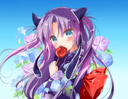 Rule 34 | 1girl, absurdres, aqua eyes, asahina yori, back bow, blue background, blue ribbon, blush, bow, candy, candy apple, commentary, covering own mouth, eyes visible through hair, floating hair, floral background, floral print, food, frilled ribbon, frills, hair ribbon, head tilt, highres, holding, holding candy, holding food, japanese clothes, kimono, little busters!, long hair, long sleeves, looking at viewer, parted bangs, purple hair, purple kimono, red bow, ribbon, sasasegawa sasami, simple background, solo, symbol-only commentary, two side up, upper body, very long hair, wide sleeves, yukata
