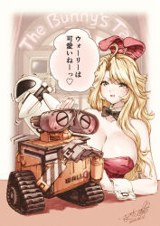 1boy 2girls animal_ears blonde_hair bow bowtie breasts cleavage detached_collar eve_(wall-e) green_eyes highres leotard long_hair maguta multiple_girls non-humanoid_robot original playboy_bunny rabbit_ears rabbit_tail robot strapless strapless_leotard tail wall-e wall-e_(character)
