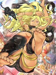 1girl artist_request barefoot blonde_hair cat dark-skinned_female dark_skin dusty_(gravity_daze) full_body gravity_daze highres kitten_(gravity_daze) long_hair looking_at_viewer scarf smile