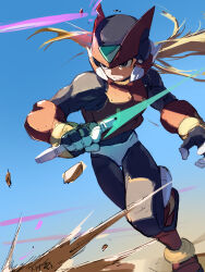 Rule 34 | 1boy, armor, blonde hair, blue background, energy sword, helmet, highres, holding, holding sword, holding weapon, long hair, male focus, mega man (series), mega man zero (series), omochi (mochi skymega), red armor, red helmet, running, simple background, solo, sword, weapon, z saber, zero(z) (mega man), zero (mega man)