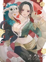Rule 34 | 1girl, 2025, black hair, boa hancock, breasts, cleavage, cowboy shot, crop top, earrings, eyelashes, fangs, forked tongue, heart, highres, jewelry, large breasts, long hair, long sleeves, looking at viewer, one piece, purple eyes, salome (one piece), sidelocks, snake, snake earrings, tongue, u mi031